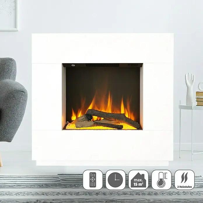Voltomat HEATING Elektrischer Kamin Kalmar - Weiß, 26 x 80 x 76 cm - Das Bild zeigt einen modernen Elektrokamin mit täuschend echten Flammen. Der Kamin ist weiß und fügt sich nahtlos in jedes Wohnambiente ein.