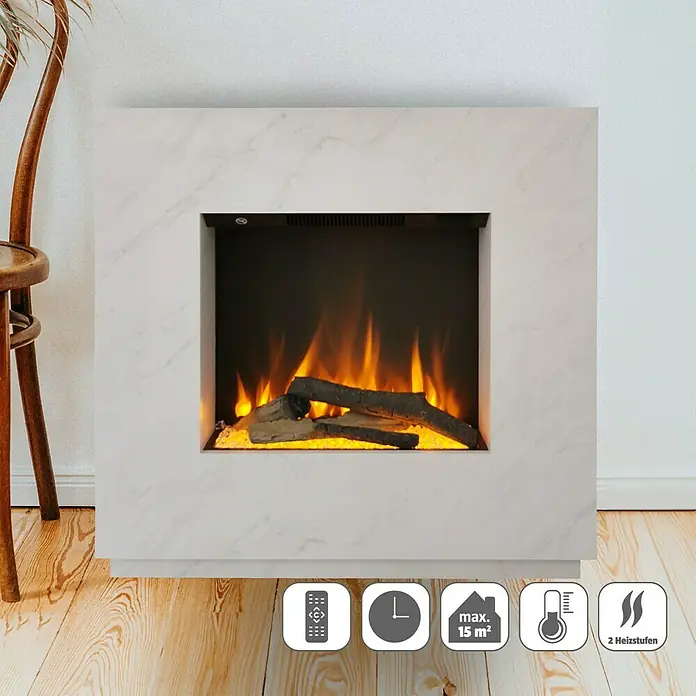 Voltomat HEATING Elektrischer Kamin Kalmar - Weiß marmoriert, 26 x 80 x 76 cm - Nahaufnahme eines elektrischen Kamins mit simulierten Flammen und Holzscheiten, der Wärme und Atmosphäre erzeugt.