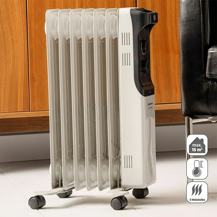 Taurus Ölradiator New Dakar - 1.500 W, Raumgröße bis ca. 15 m², Weiß - Elektrischer Heizkörper mit mehreren Heizstufen und Rollen für einfache Mobilität. Ideal zum Beheizen von Räumen bis 15 m².