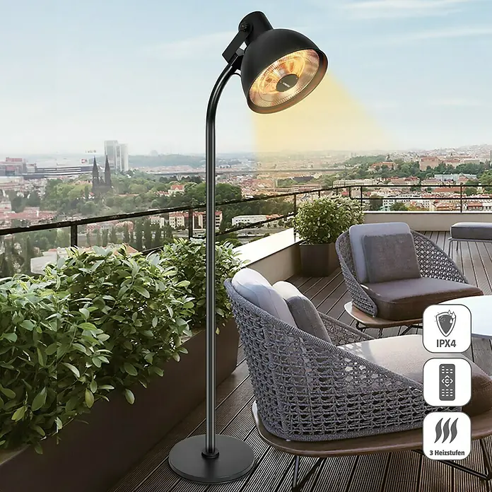 Hoberg Infrarot-Heizstrahler - Schwarz - Ein Heizstrahler auf einem Balkon, der Wärme spendet. Genießen Sie die Wärme mit diesem Heizgerät im Freien und die stilvolle Atmosphäre.