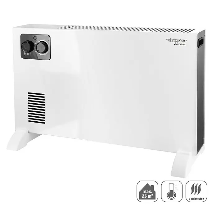 Voltomat HEATING Konvektorheizung CH-127166.1 - 2.000 W, Raumgröße bis ca. 18 m², Weiß - Abbildung eines weißen Voltomat Heizkörpers mit Bedienelementen und Hinweisen zur Raumgröße und Heizstufen.