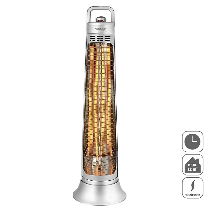 Voltomat HEATING Infrarot-Heizstrahler - 22 x 22 x 77 cm, 900 W, Silber - Abbildung eines freistehenden Heizstrahlers mit silberfarbenem Gehäuse und Griff für den Innenbereich.