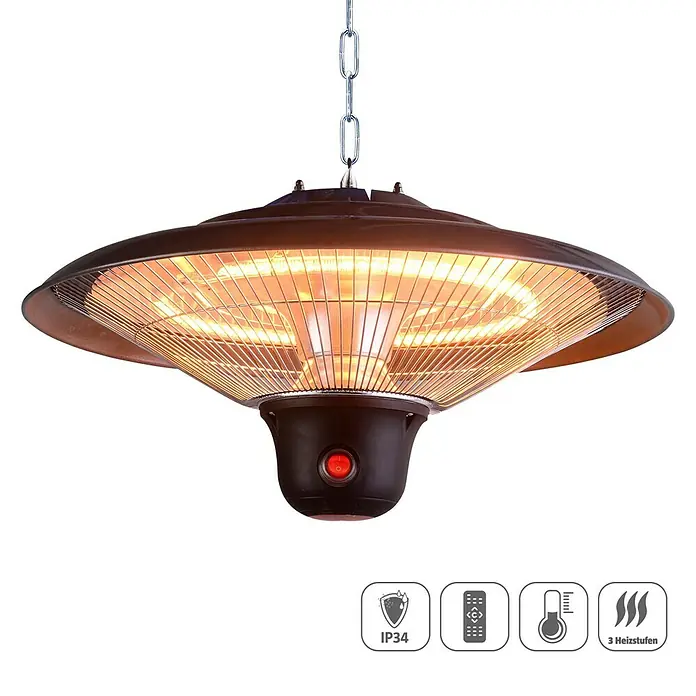 Voltomat HEATING Halogen-Heizstrahler - 1.500 W, Schwarz - Hängender Heizstrahler für den Außenbereich mit Fernbedienung und drei Heizstufen für angenehme Wärme an kühlen Abenden.