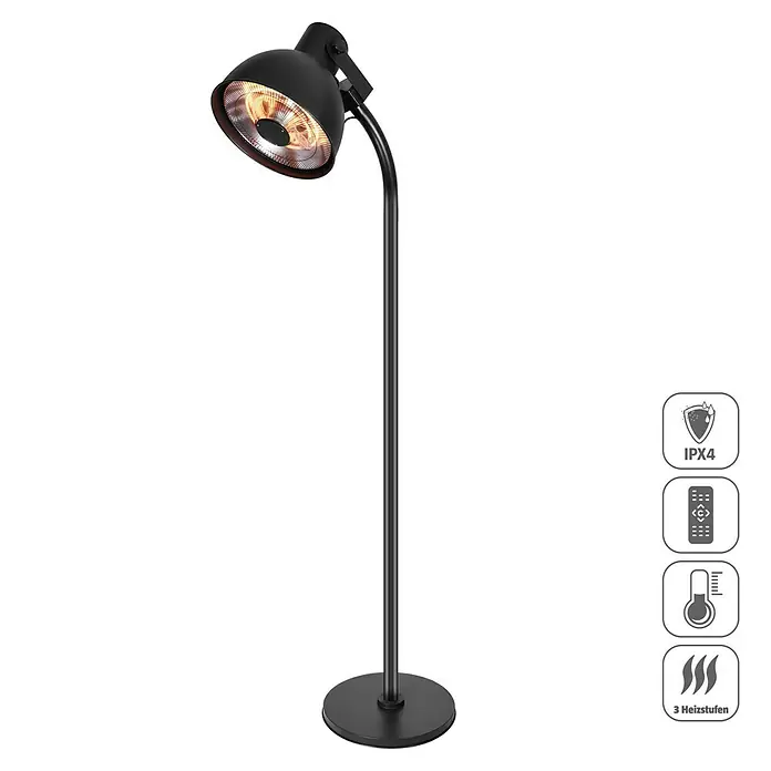 Voltomat HEATING Halogen-Heizstrahler - 47 x 47 x 225 cm, 2.000 W, Schwarz - Abbildung einer eleganten, schwarzen Heizlampe für den Außenbereich mit Standfuß und verstellbarem Lampenkopf.