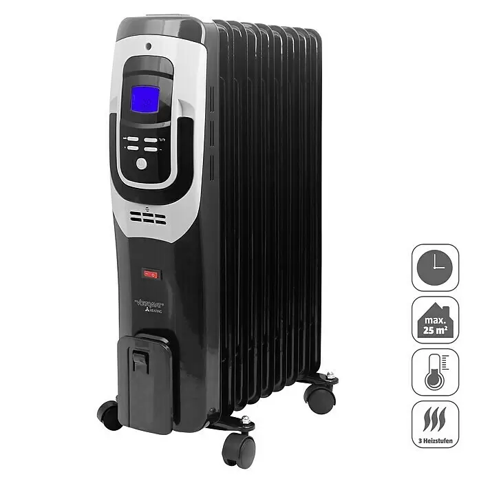 Voltomat HEATING Ölradiator - 2.000 W, Raumgröße bis ca. 25 m², Schwarz - Schwarzer Ölradiator mit digitaler Anzeige und grau-weißem Bedienfeld auf Rollen.