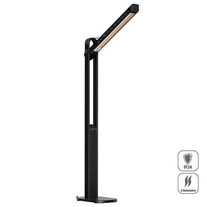 Voltomat HEATING Infrarot-Heizstrahler - 62 x 36,5 x 201 cm, 1.800 W, Schwarz - Ein schlanker, schwarzer Terrassenheizer mit verstellbarem Heizkopf sorgt für Wärme im Freien. Ideal für gemütliche Stunden auf der Terrasse.