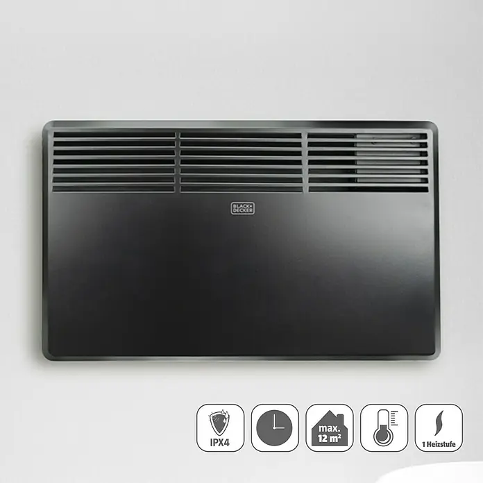 Black+Decker Konvektorheizung BXCSH1200E - 1.200 W, Raumgröße bis ca. 12 m², Schwarz - Das Bild zeigt einen schwarzen Black+Decker Konvektor-Heizkörper mit verschiedenen Symbolen für seine Eigenschaften.