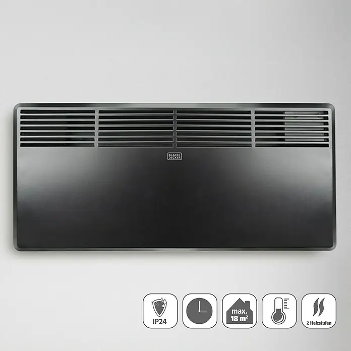 Black+Decker Konvektorheizung BXCSH1800E - 1.800 W, Raumgröße bis ca. 18 m², Schwarz - Das Bild zeigt einen Black+Decker Konvektor-Wandheizer in Schwarz. Er ist flach und rechteckig, geeignet für Räume bis 18 m².