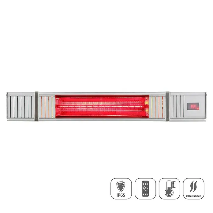 Voltomat Infrarot-Heizstrahler mit Bluetooth-Lautsprecher - 12,1 x 63,1 x 9,3 cm, 1.500 W, Silber - Das Bild zeigt einen Infrarot-Heizstrahler in Silber, der für angenehme Wärme sorgt und mit verschiedenen Funktionen ausgestattet ist.