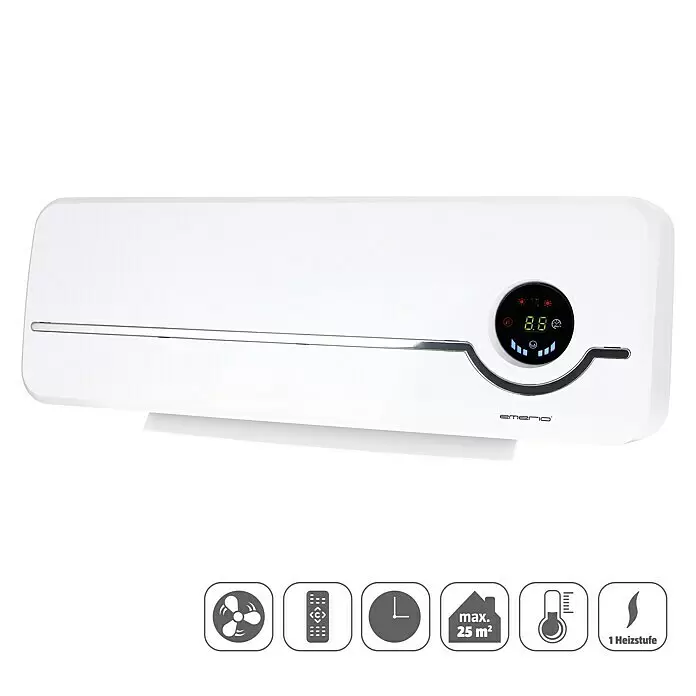 Emerio Heizlüfter WH-125971 - 2.000 W, Weiß, IP00 - Weißer Wandheizlüfter mit Digitalanzeige und Chromakzent.