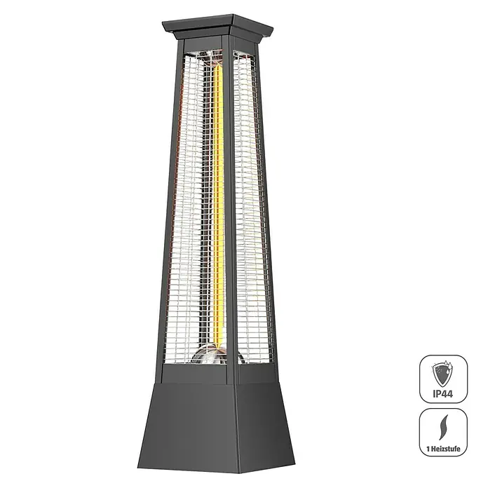 Voltomat HEATING Terrassenstrahler Prisma - IP44, Außen, Schwarz, 1.500 W - Abbildung einer schlanken, schwarzen Terrassenheizung mit einer hellen, leuchtenden Heizröhre im Inneren.