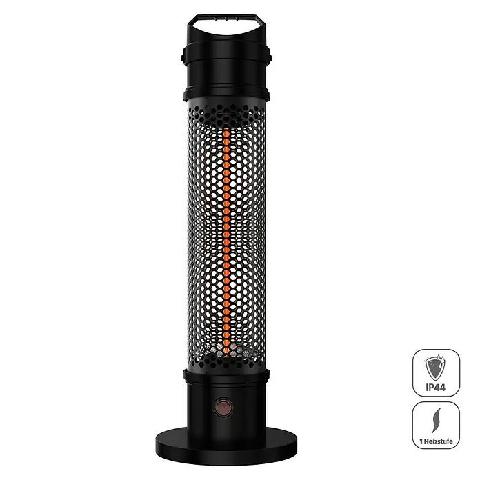 Voltomat HEATING Infrarot-Heizstrahler - 21 x 21 x 62 cm, 1.000 W, Schwarz - Ein schwarzer Heizstrahler mit Schutzgitter und Tragegriff, ideal für den Außenbereich. Dank IP44 spritzwassergeschützt.