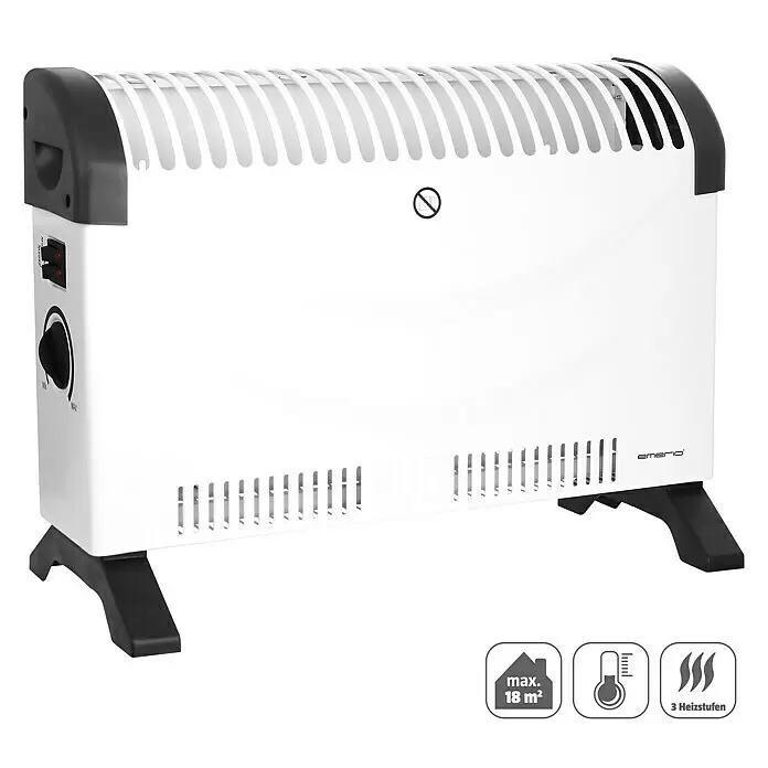 Emerio Konvektorheizung CH-128215 - 2.000 W, Raumgröße bis ca. 18 m², Weiß - Weißer elektrischer Konvektorheizer mit schwarzen Bedienelementen und Füßen, für Räume bis 18m² und 3 Heizstufen.