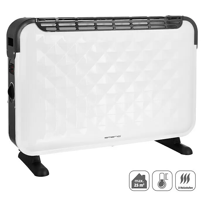 Emerio Konvektorheizung CH-106492 ROMBO - 2.000 W, Raumgröße bis ca. 20 m², Weiß/Schwarz - Weißer und schwarzer elektrischer Konvektorheizer mit geometrischem Muster, schwarzem Lüftungsgitter und seitlichen Bedienelementen.