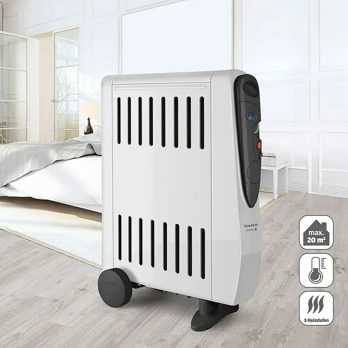 Taurus Ölradiator Tuareg - 2.000 W, Raumgröße bis ca. 20 m², Weiß - Ein kompakter, weißer Heizkörper mit Rollen und Bedienfeld, ideal für Räume bis 20 m². Wärmt effizient und ist leicht zu transportieren.