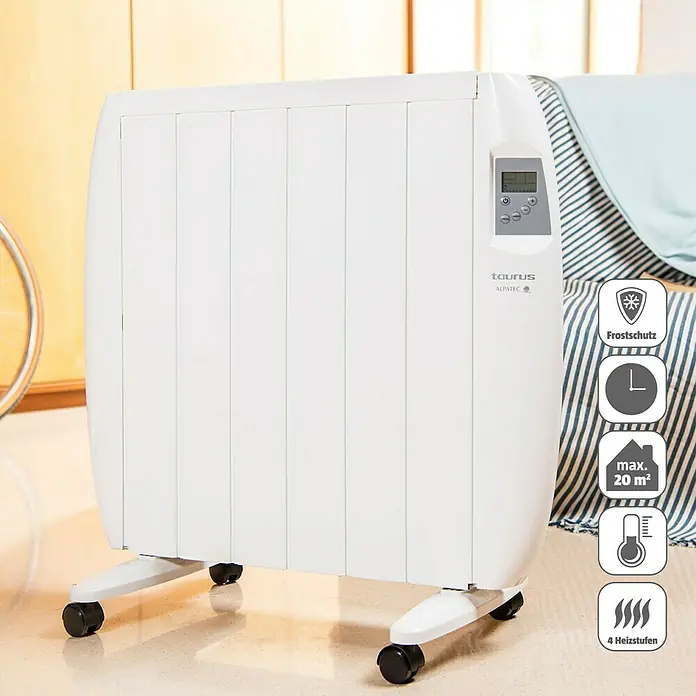 Taurus Konvektorheizung Malbork - 1.200 W, Raumgröße bis ca. 12 m², Weiß - Weißer Taurus Alpatec Heizkörper mit Digitalanzeige und Rollen für den einfachen Transport. Ideal für Räume bis zu 20 m².