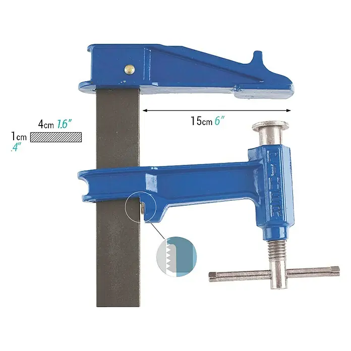 Piher Sargento R-40 - Anchura de sujeción: 400 mm, Fuerza de tensión: 1.000 N, Apertura máxima: 150 mm - Sargento de apriete azul con dimensiones indicadas, ideal para fijar materiales en proyectos de bricolaje o carpintería profesional.