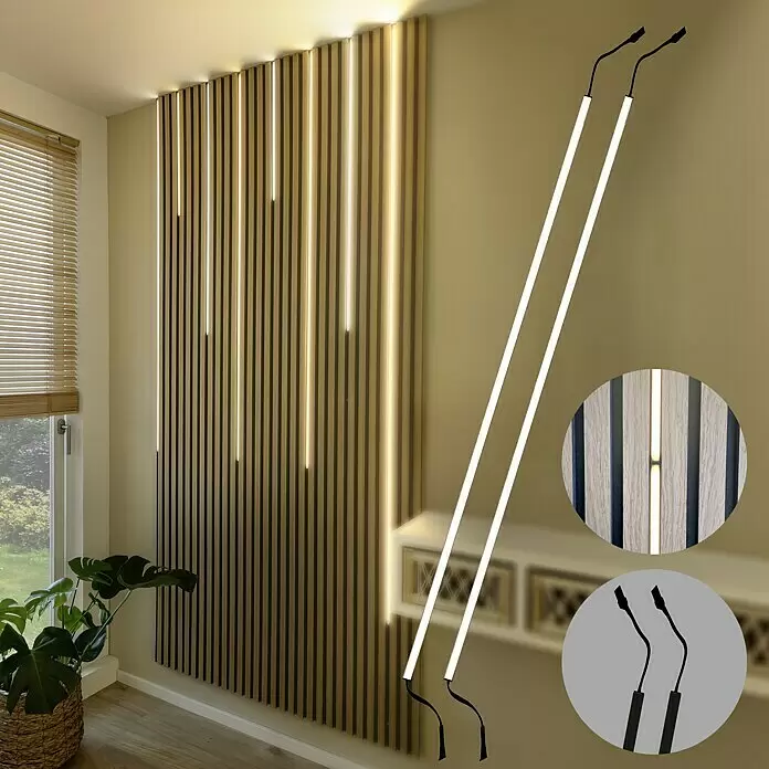Direct Signs LED-Band-Set 2 x 1m LED-Lichtleisten für Akustikpaneele - Länge: 203 cm, Lichtfarbe: Warmweiß, 12 W, 840 lm, 24 V - Flexible LED-Lichtstreifen beleuchten eine Holzlamellenwand und sorgen für warme Akzentbeleuchtung. Zwei Streifen sind separat abgebildet.