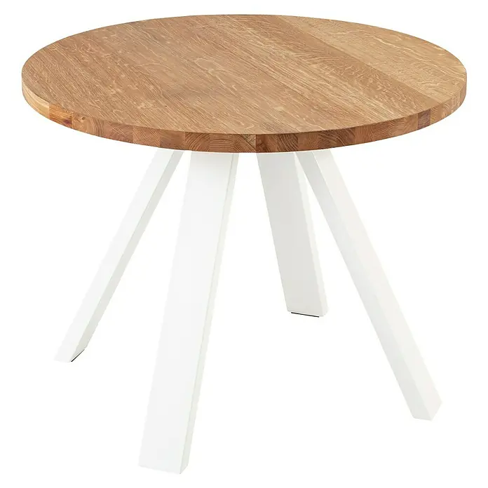 Pur Iternal Select Tischbein - 700 x 150 x 723 mm, Weiß, V-Form - Ein runder Esstisch mit einer hellen Holzplatte und weißen Beinen. Der Tisch steht auf einem schwarzen Hintergrund und ist gut ausgeleuchtet.