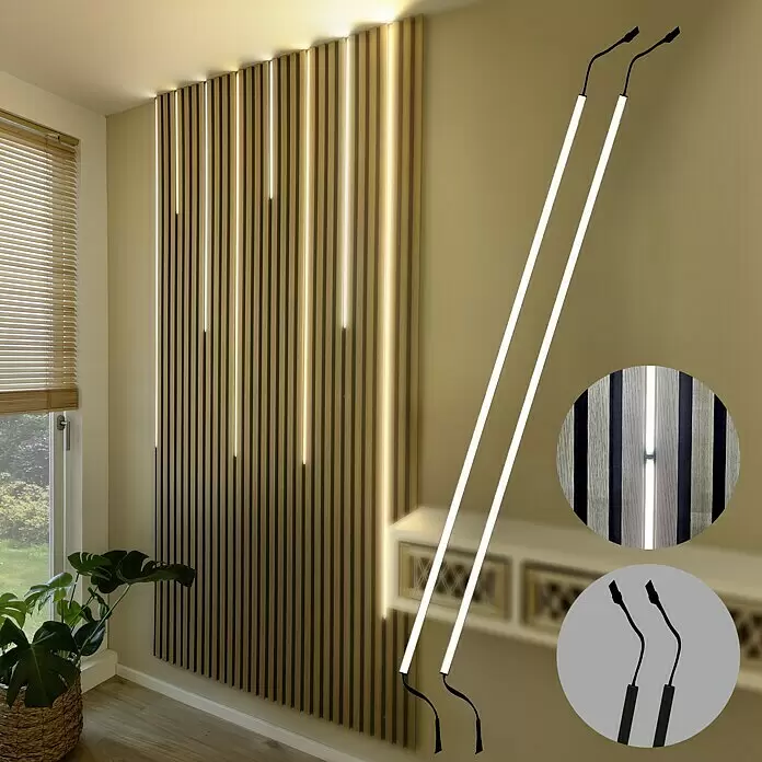 Direct Signs LED-Band-Set 2 x 1m LED-Lichtleisten für Akustikpaneele - Länge: 203 cm, Lichtfarbe: Neutralweiß, 12 W, 840 lm, 24 V - Lichtleisten in einer Lamellenwand, die ihre Beleuchtung und ihr Design in einem modernen Raum zeigen.
