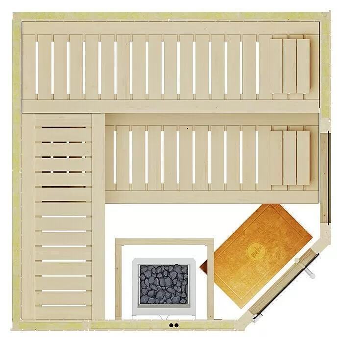Weka Elementsauna Varberg Trend - 7,5 kW Saunaofen mit externer Steuerung, L x B x H: 194 x 194 x 199 cm, Mit Fensterelement - Draufsicht auf helles Holz-Sauna-Interieur mit zwei Bankebenen, einem Ofen mit Steinen und einer gelben Matte.
