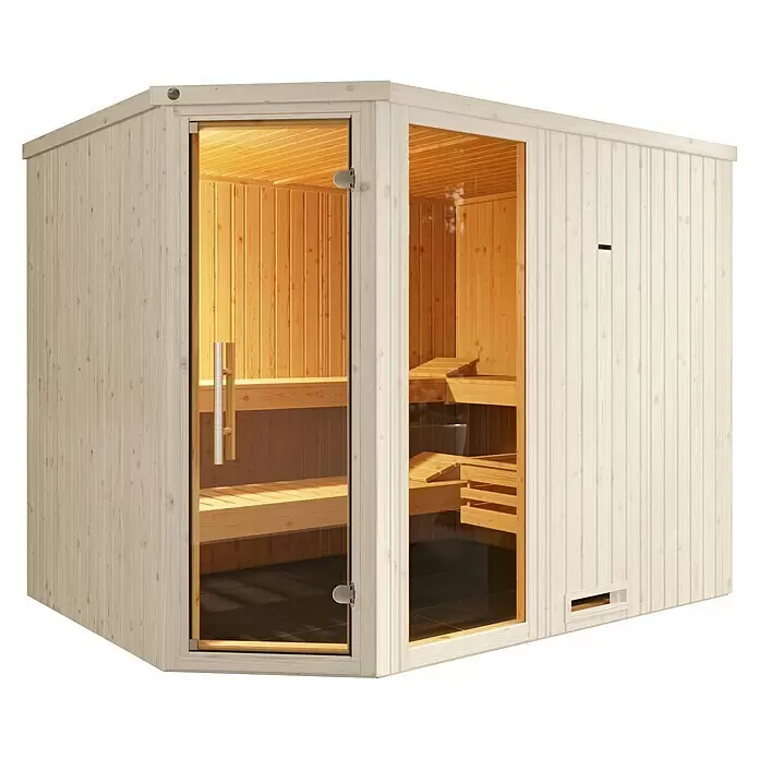 Weka Elementsauna Varberg Trend - Ohne Ofen, Mit Fensterelement, L x B x H: 194 x 244 x 199 cm - Kompakte Saunakabine aus hellem Holz mit Glasfront, die die Innenbänke zeigt.