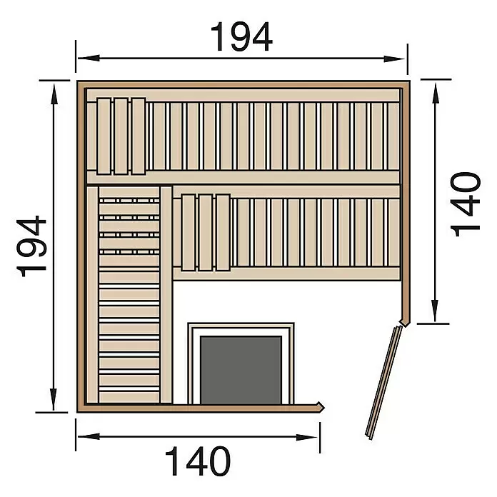 Weka Elementsauna Varberg Typ 1 - 7,5 kW Bio-Ofen mit externer Steuerung, L x B x H: 194 x 194 x 199 cm - Grundriss einer Ecksauna mit hellen Holzbänken, Heizungsbereich und Tür, Maße 194x194 cm und 140x140 cm.