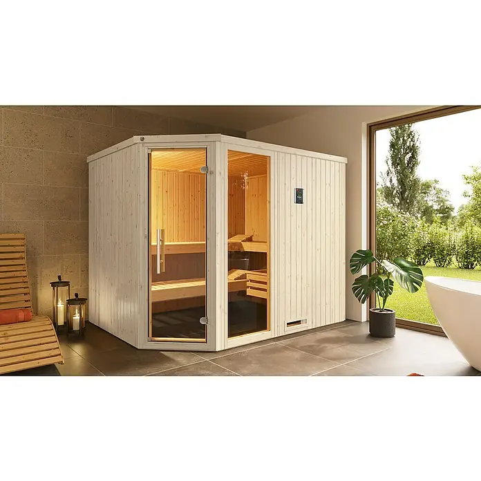 Weka Elementsauna Varberg Trend - 7,5 kW Bio-Ofen mit externer Steuerung, Mit Fensterelement, L x B x H: 194 x 244 x 199 cm - Einladende Innensauna mit Glasfront in einem modernen Badezimmer. Die Sauna bietet Entspannung und fügt sich nahtlos ins Ambiente ein.