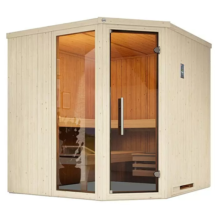 Weka Elementsauna Varberg Trend - 7,5 kW Saunaofen mit externer Steuerung, L x B x H: 194 x 194 x 199 cm, Mit Fensterelement - Helle Holz-Ecksaunakabine mit Glasfront und sichtbaren Innenbänken.