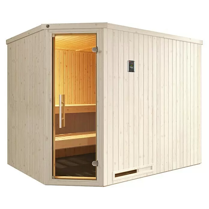 Weka Elementsauna Varberg Trend - 7,5 kW Saunaofen mit externer Steuerung, L x B x H: 194 x 244 x 199 cm - Helle Holzsauna mit Glastür, sichtbaren Bänken und externem Bedienfeld.