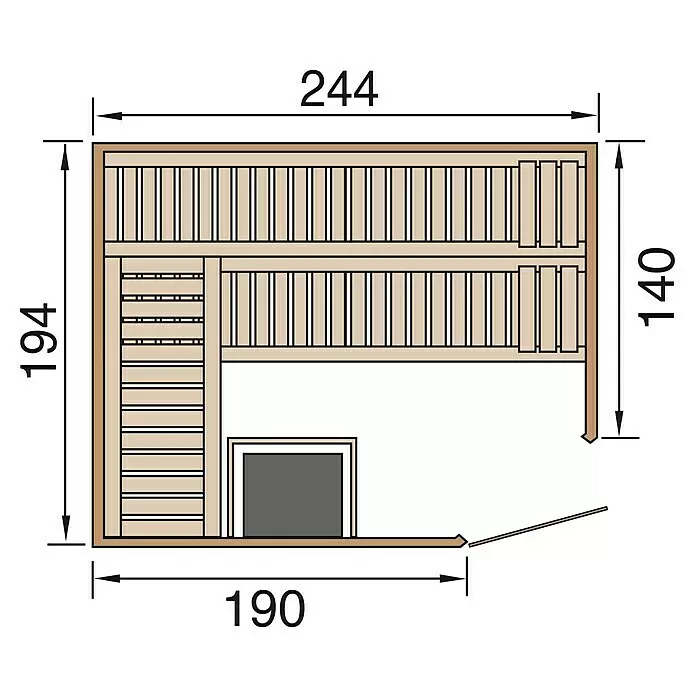 Weka Elementsauna Varberg Trend - 7,5 kW Saunaofen mit externer Steuerung, L x B x H: 194 x 244 x 199 cm - L-förmiger Saunagrundriss mit Holzbänken, dunkelgrauem Ofen. Draufsicht mit Maßen 244x194/140x190 cm.