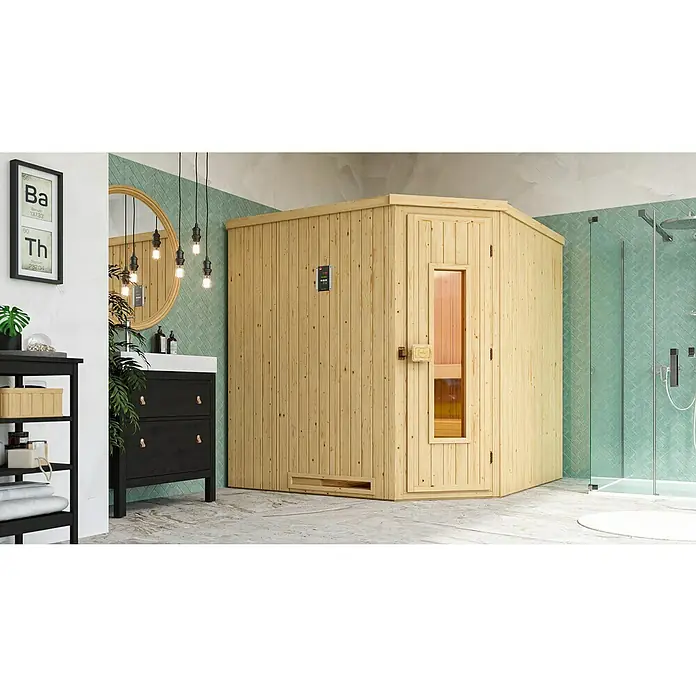 Weka Elementsauna Varberg Typ 2 - 7,5 kW Saunaofen mit externer Steuerung, L x B x H: 194 x 194 x 199 cm - Innenaufnahme einer Holzsauna mit Glastür in einem modernen Badezimmer mit grauen und grünen Farbtönen.