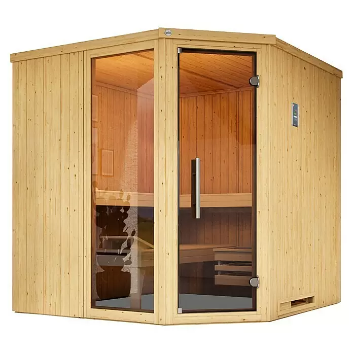 Weka Elementsauna Varberg - 7,5 kW Bio-Ofen mit externer Steuerung, L x B x H: 194 x 194 x 199 cm, Mit Fensterelement - Ecksauna aus hellem Holz mit Glastür.
