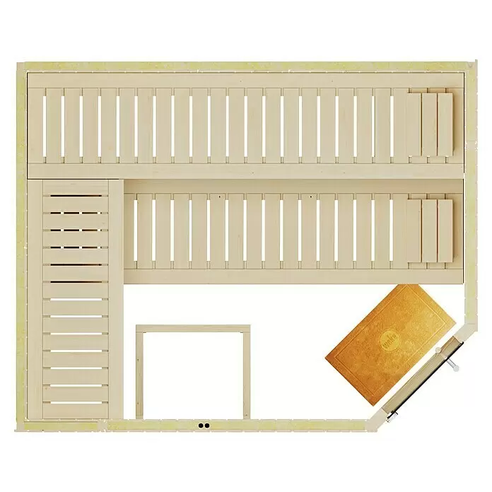 Weka Elementsauna Varberg Trend - Ohne Ofen, L x B x H: 194 x 244 x 199 cm - Draufsicht auf eine helle Holzsauna mit Bänken, einem offenen Bereich und einer goldenen Matte.