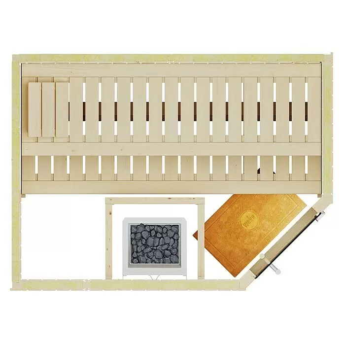 Weka Elementsauna Varberg Trend - 7,5 kW Saunaofen mit externer Steuerung, L x B x H: 144 x 194 x 199 cm - Blick von oben auf eine helle Holzsauna mit Lattenbänken, Kopfstütze, einem Ofen mit dunklen Steinen und einer beigen Matte.