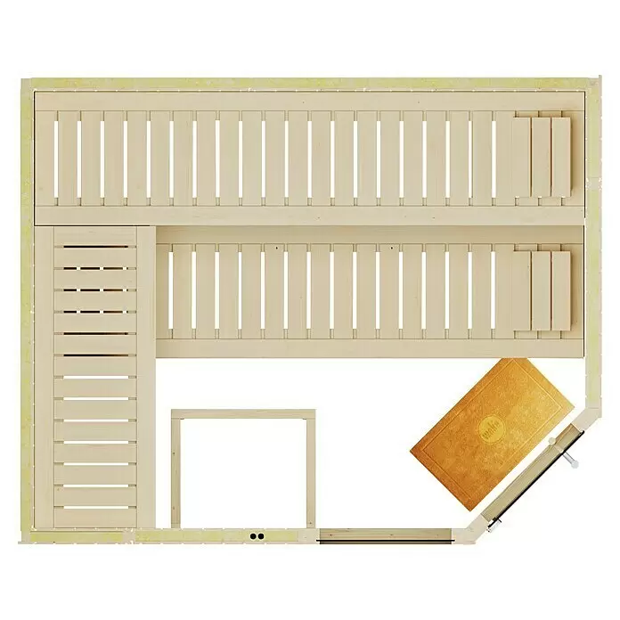 Weka Elementsauna Varberg Trend - Ohne Ofen, Mit Fensterelement, L x B x H: 194 x 244 x 199 cm - Draufsicht auf ein helles Holzsauna-Interieur mit mehreren Bänken und einer strukturierten Fußmatte.