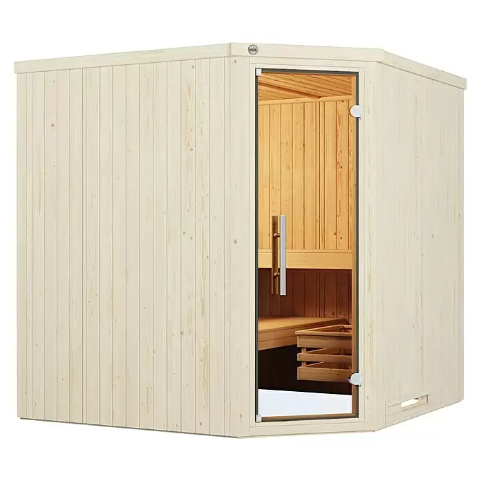 Weka Elementsauna Varberg Trend - 7,5 kW Bio-Ofen mit externer Steuerung, L x B x H: 194 x 194 x 199 cm - Helle Holzsaunakabine mit schräger Glastür und Innenbänken.