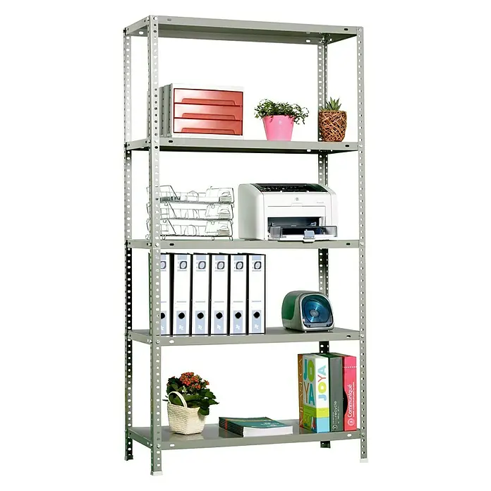 Simonrack Simonclassic Estantería metálica Advantage - Al x An x Pr: 180 x 90 x 40 cm, Capacidad de carga por balda: 75 kg, Número de baldas: 5 ud., Atornillado, Gris - Un estante gris con cinco estantes, lleno de suministros de oficina como carpetas, plantas y una impresora.