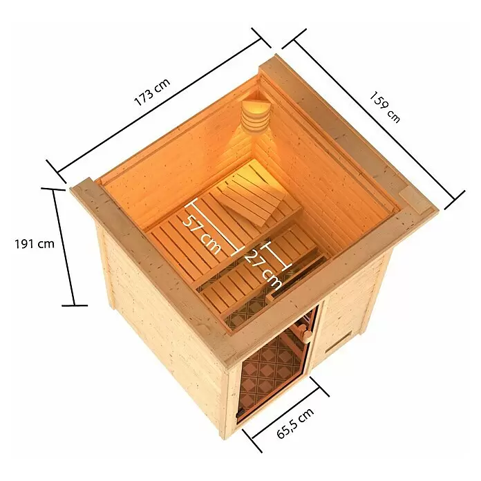 Karibu Massivholzsauna Sandra - L x B x H: 159 x 173 x 191 cm, Mit Dachkranz und Beleuchtung, Inklusive Ofenschutzgitter - Hölzerne Saunakabine mit Glastür und zwei Bänken innen, Maße 173x159x191 cm.
