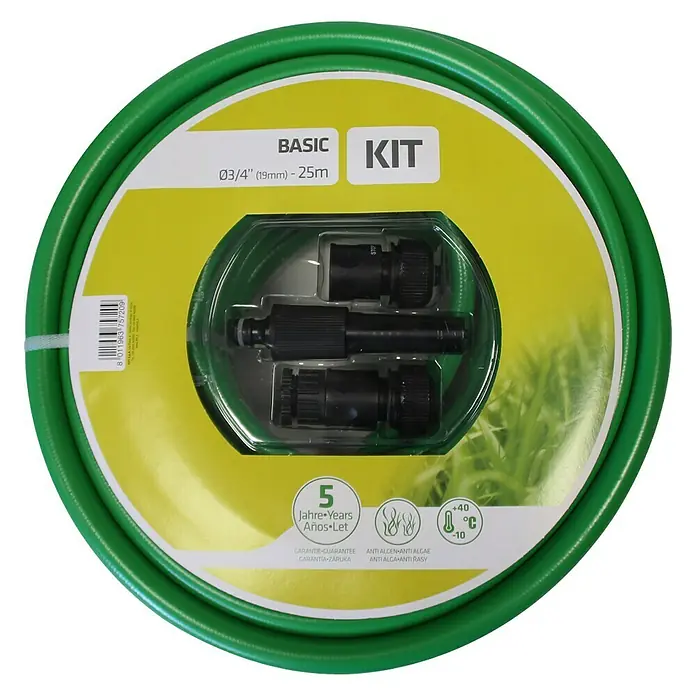 Schlauch-Set Basic - 25 m, Schlauchdurchmesser: 19 mm - Das grüne BASIC KIT, ein Gartenschlauch-Set mit 03/4" (19mm) Durchmesser und 25m Länge, ist ideal für die Bewässerung.