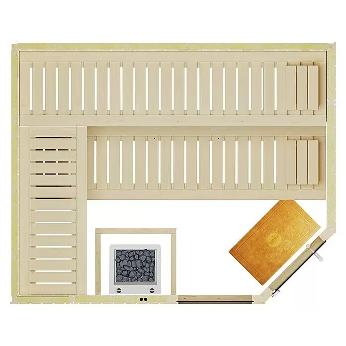 Weka Elementsauna Varberg Trend - 7,5 kW Bio-Ofen mit externer Steuerung, Mit Fensterelement, L x B x H: 194 x 244 x 199 cm - Draufsicht auf eine helle Holzsauna mit Bänken, einem Steinofen und einer orangefarbenen Matte.