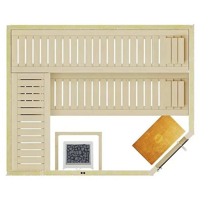 Weka Elementsauna Varberg Trend - 7,5 kW Saunaofen mit externer Steuerung, L x B x H: 194 x 244 x 199 cm - Draufsicht auf ein helles Holzsauna-Interieur mit zweistufigen Bänken, einem Steinofen und einer gelben Matte nahe der Eckentür.