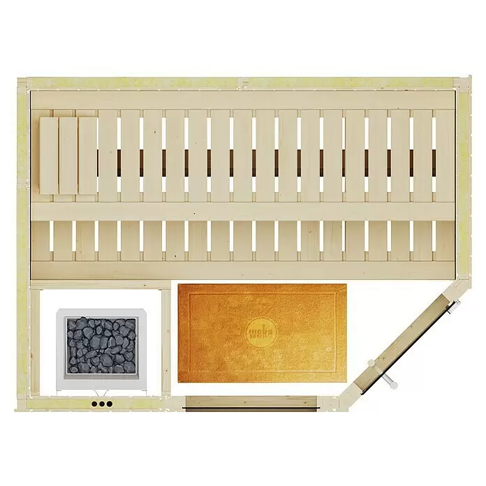 Weka Elementsauna Varberg Trend - 7,5 kW Saunaofen mit externer Steuerung, Mit Fenster, L x B x H: 144 x 194 x 199 cm - Draufsicht auf L-förmigen hellen Holzsauna-Innenraum mit Bänken, Saunaofen mit Steinen und Matte.