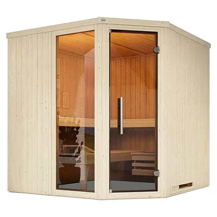 Weka Elementsauna Varberg Trend - Ohne Ofen, L x B x H: 194 x 194 x 199 cm, Mit Fensterelement - Helle Holz-Ecksauna mit Glastür und Glasfront.