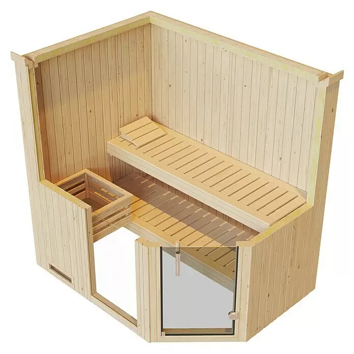 Weka Elementsauna Varberg Trend - Ohne Ofen, Mit Fenster, L x B x H: 144 x 194 x 199 cm - Heller Holz-Saunainnenraum mit Lattenbänken, Ofenbereich und offener Glastür.