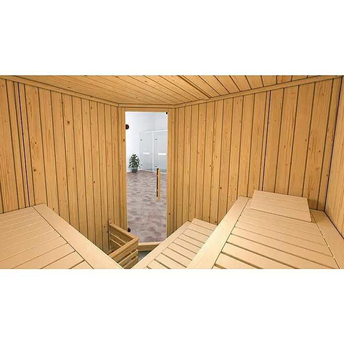 Weka Elementsauna Varberg Trend - 7,5 kW Saunaofen mit externer Steuerung, L x B x H: 194 x 194 x 199 cm - Innenansicht einer hellen Holzsauna mit Bänken und geöffneter Glastür zu einem hellen Raum.