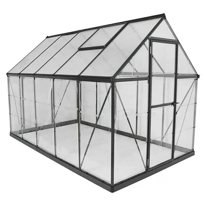 Palram – Canopia Gewächshaus Hybrid - Außenmaß inkl. Dachüberstand (B x T): 185 x 306 cm, 0,7 mm, Anthrazit - Gewächshaus mit Aluminiumrahmen und transparenten Paneelen für den Garten oder den Anbau.