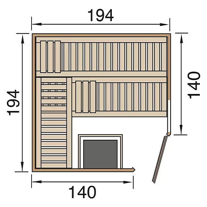 Weka Elementsauna Varberg Trend - 7,5 kW Saunaofen mit externer Steuerung, L x B x H: 194 x 194 x 199 cm, Mit Fensterelement - Draufsicht eines L-förmigen Holzsaunas mit zwei Bänken und Eckofen, Maße 194x194 und 140x140 cm.