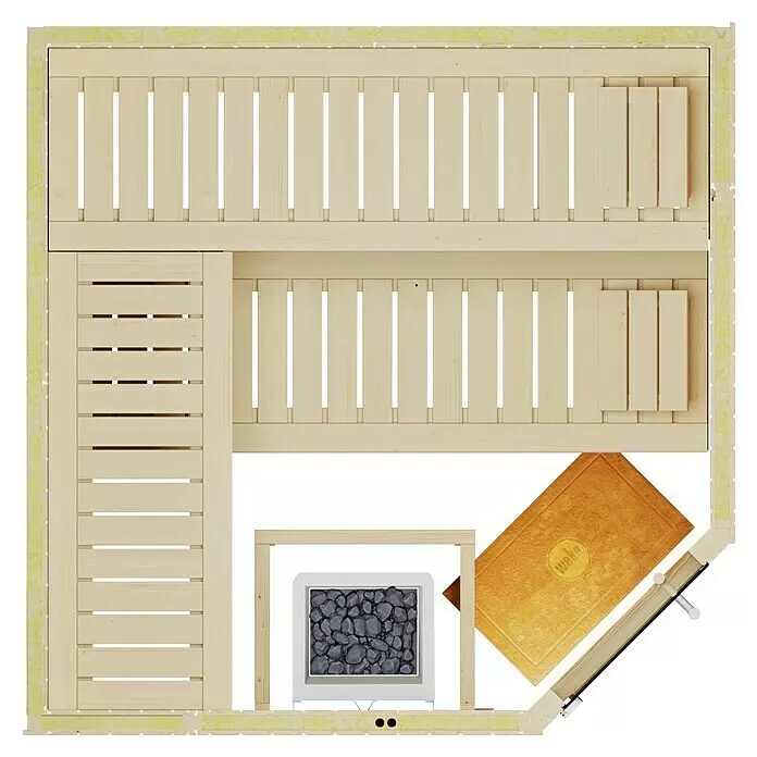 Weka Elementsauna Varberg Typ 1 - 7,5 kW Saunaofen mit externer Steuerung, L x B x H: 194 x 194 x 199 cm - Blick von oben auf eine helle Holzsauna mit zwei Sitzbänken, einem Ofen mit dunklen Steinen und einer orangefarbenen Matte.