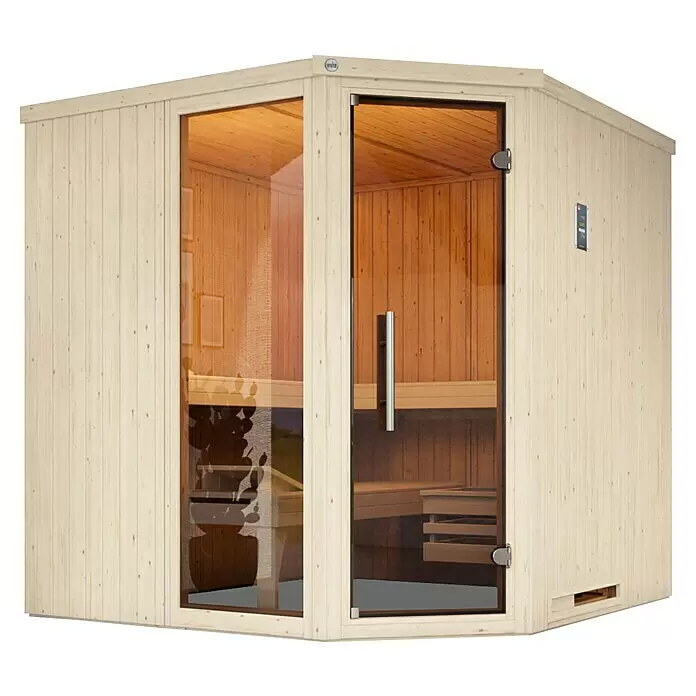 Weka Elementsauna Varberg Trend - 7,5 kW Bio-Ofen mit externer Steuerung, L x B x H: 194 x 194 x 199 cm, Mit Fensterelement - Ecksaunakabine aus hellem Holz mit Glastür, die Holzbänke im Inneren zeigt.